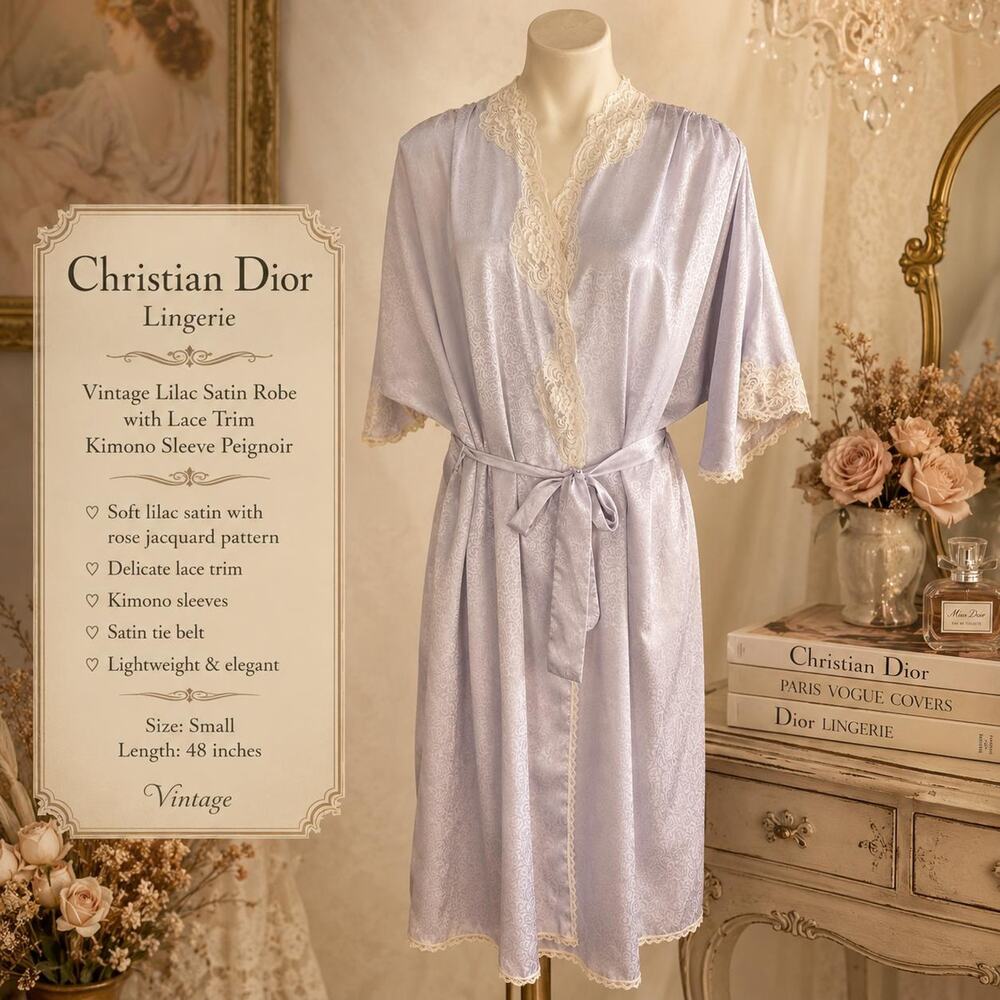 Vintage Christian Dior Lingerie Lilac Satin Robe Lace Trim 3/4 Sleeve Jacquard S